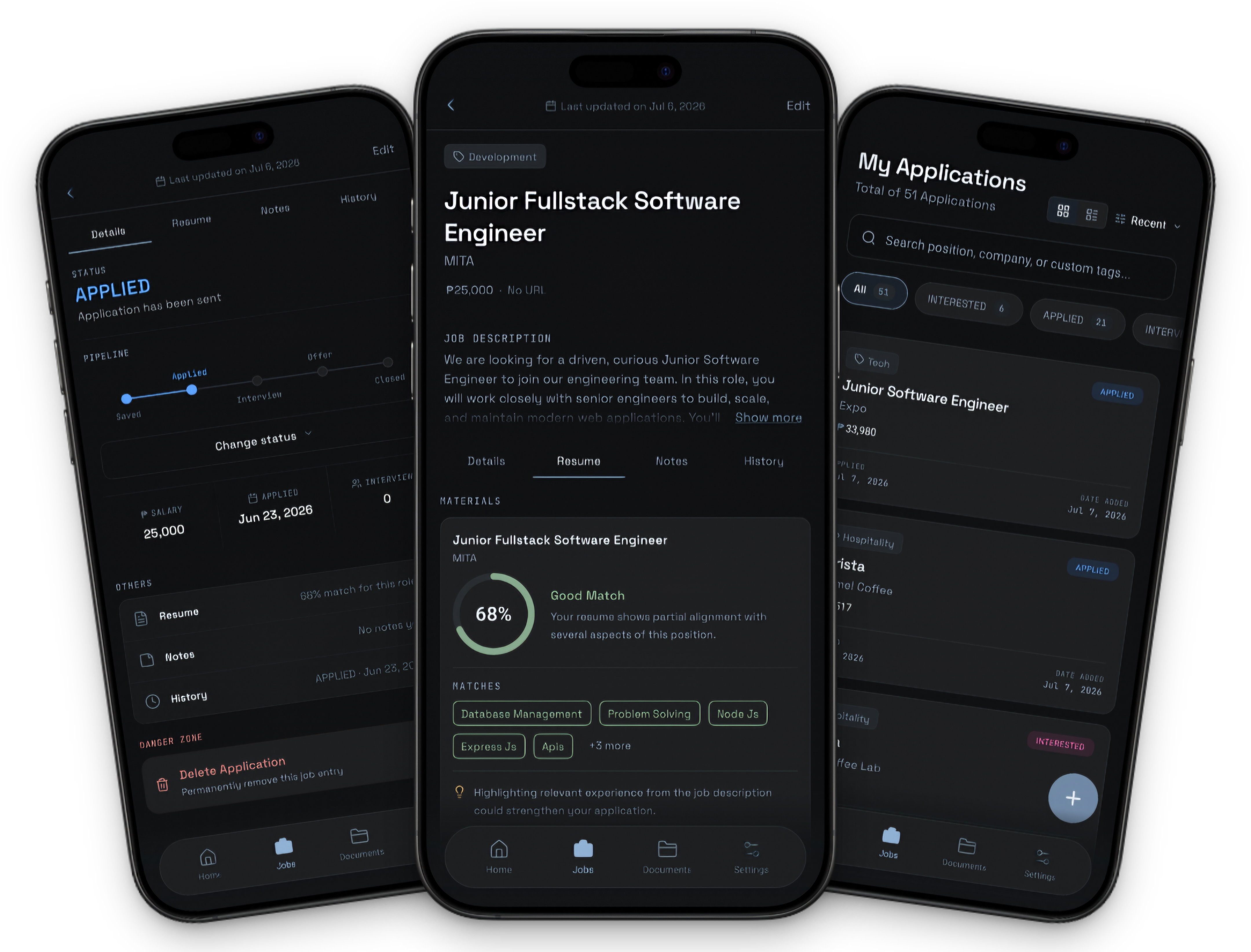Applied app showing job pipeline, interview stats, and document manager