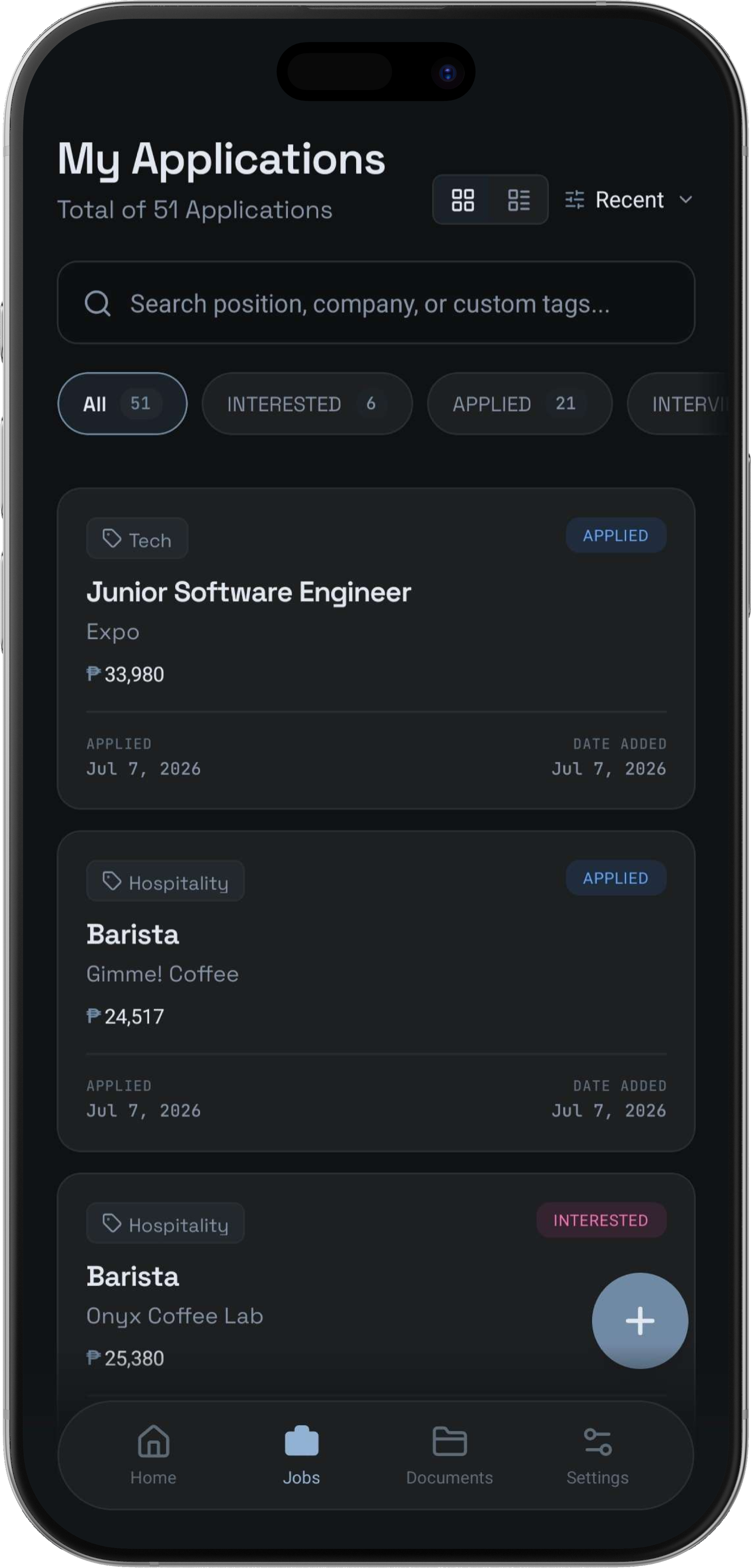 Job directory screen showing applications organized by status