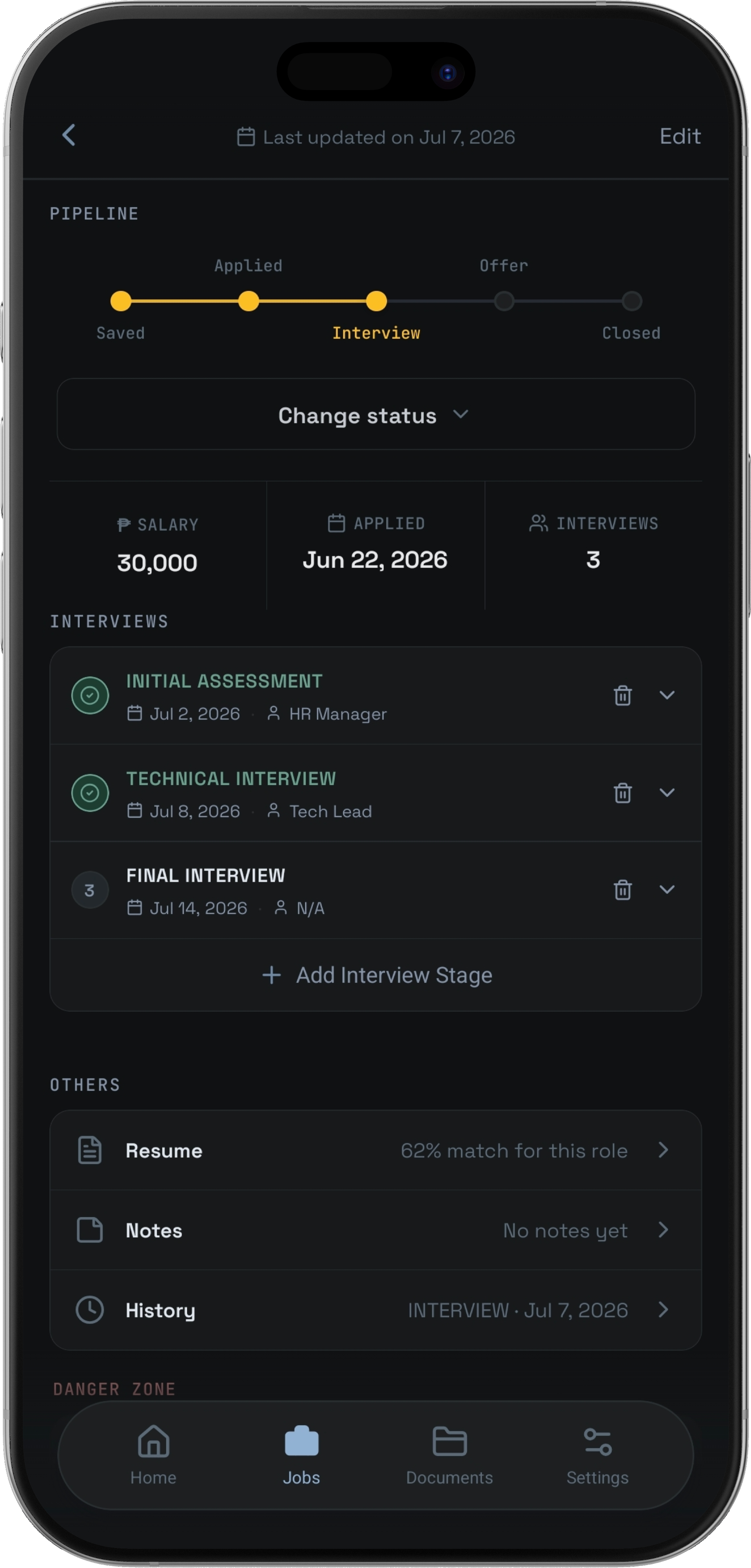 Interview stages detail showing logged rounds and notes