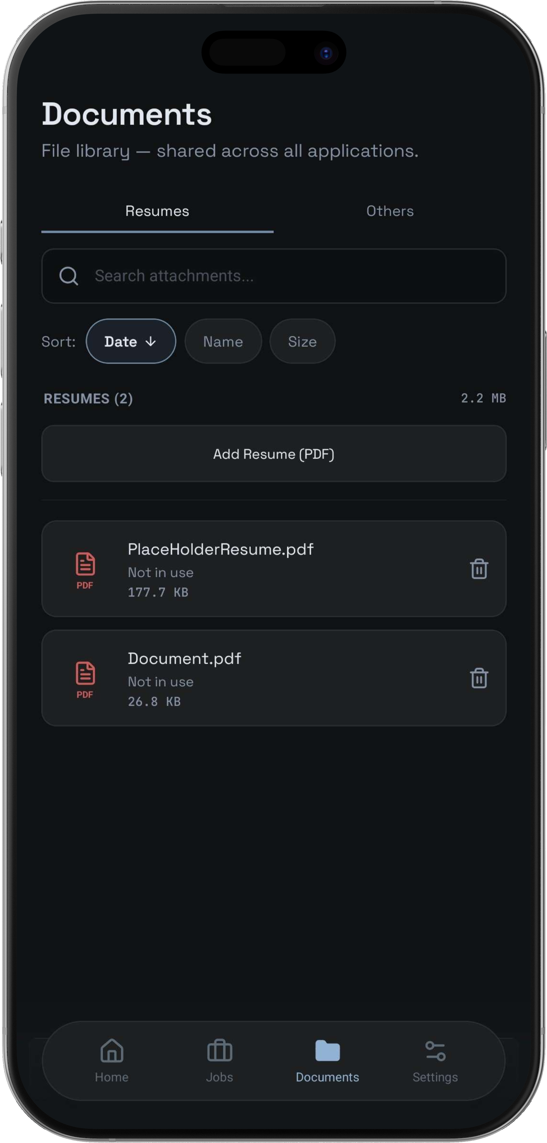 Document manager showing linked PDFs per application