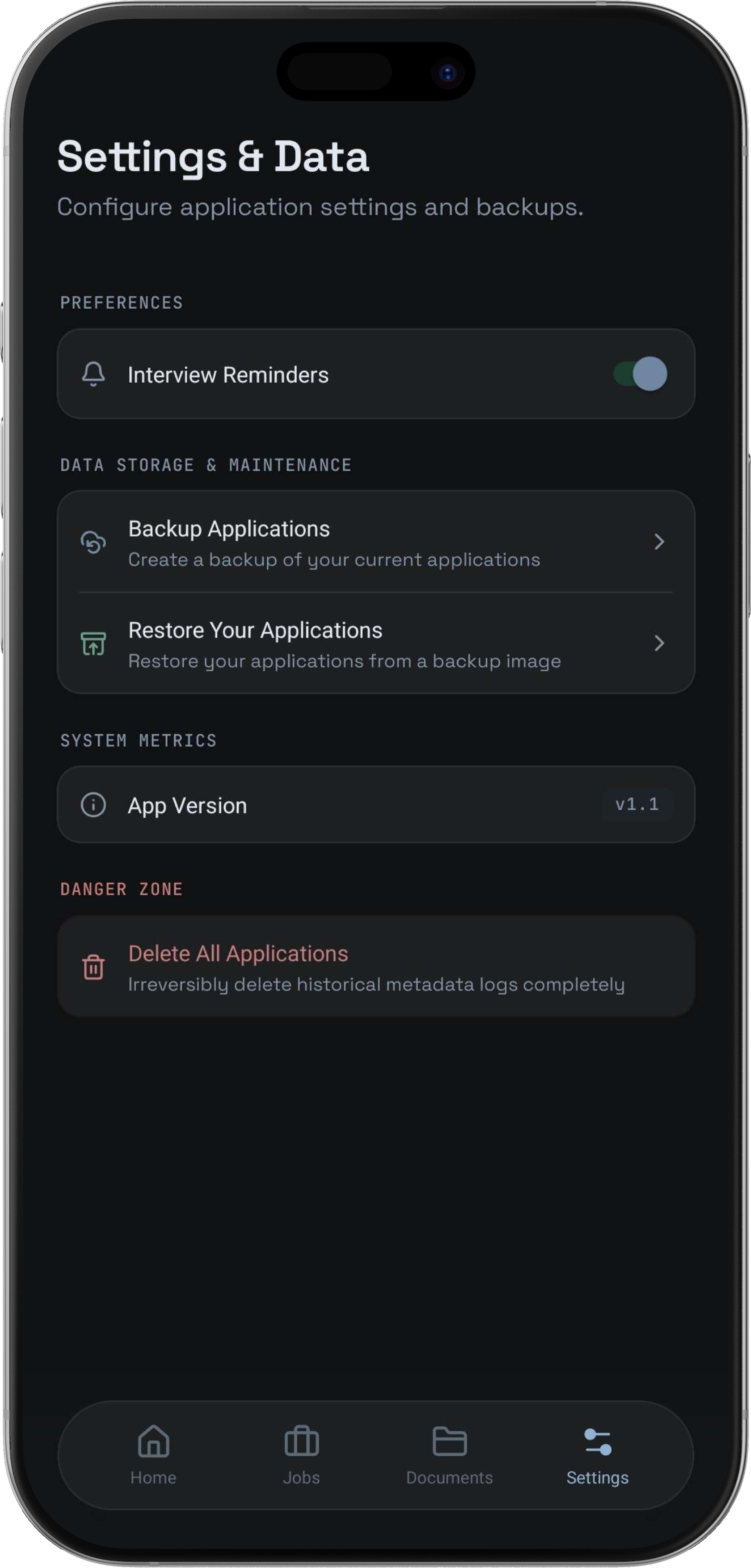 Backup and export screen