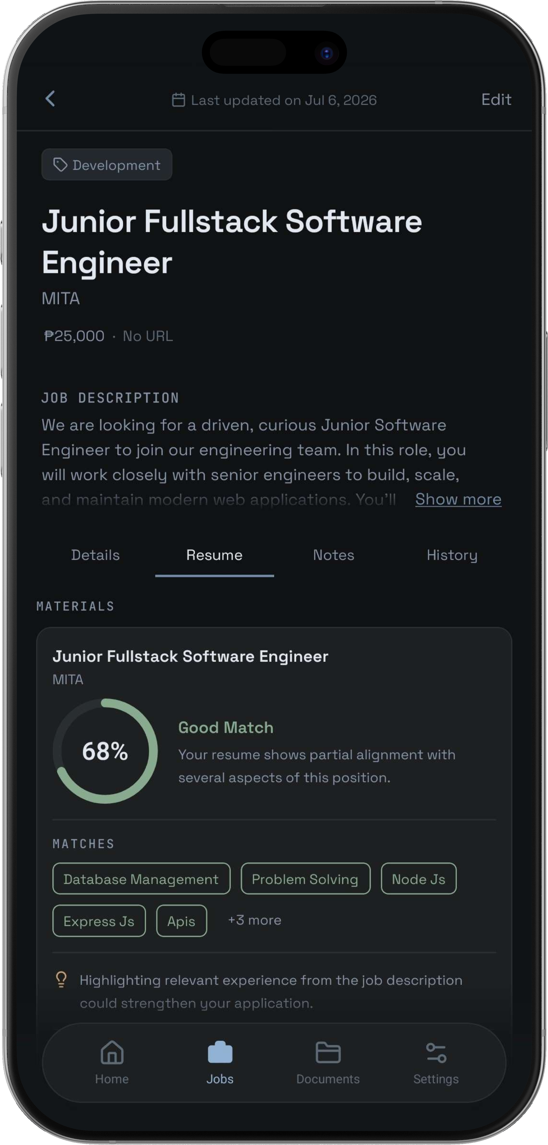 Resume Insight screen showing how well a resume matches a job description
